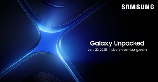 Samsung event announcement for "Galaxy Unpacked" on January 22, 2025, with the event being streamed live on samsung.com. The background features a futuristic blue design with the Samsung logo at the top right.