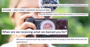 A person holding a smartphone equipped with a microphone attachment. Overlaid text includes complaints about a company named ShiftCam and their customer service, mentioning lack of communication and concerns about delivery of products.