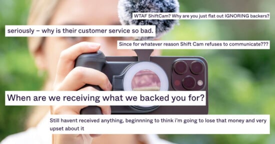 A person holding a smartphone equipped with a microphone attachment. Overlaid text includes complaints about a company named ShiftCam and their customer service, mentioning lack of communication and concerns about delivery of products.