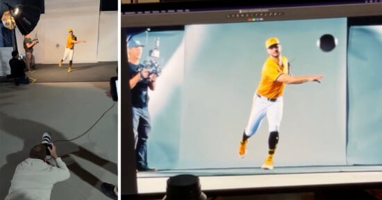 A baseball player in a yellow jersey and cap is posing in a studio for a photo shoot. On the left, photographers take pictures. On the right, a screen displays the player throwing a ball.