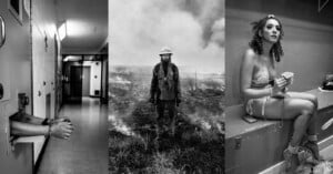 A triptych of black and white images: a prisoner’s hands through a slot in a cell door, a firefighter standing amidst smoke, and a woman in lingerie and high heels holding a stack of money.