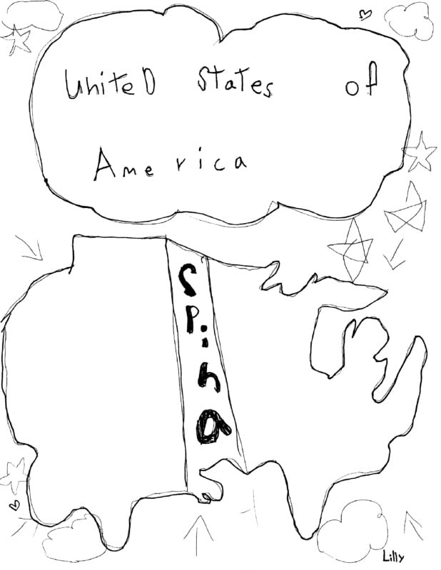 A child's rendition of the United States map with "United States of America" inscribed above and "Spino" vertically on the map. Surrounding the map are doodles of stars, arrows, and hearts. Signature "Lilly" in the bottom right corner.