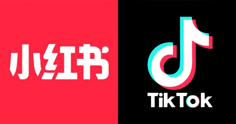 Split image with the Xiaohongshu logo in white on a red background on the left and the TikTok logo with its iconic music note design and text in white on a black background on the right.