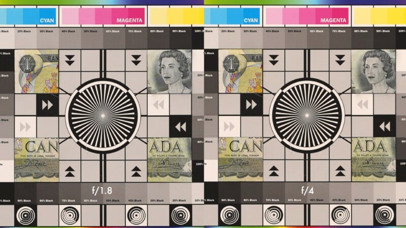 A comparison chart showing two test images side by side. Both feature a geometric pattern with color bars on top. The left image is labeled f/1.8, and the right image is labeled f/4. A Canadian bill with a woman's face is partially visible.