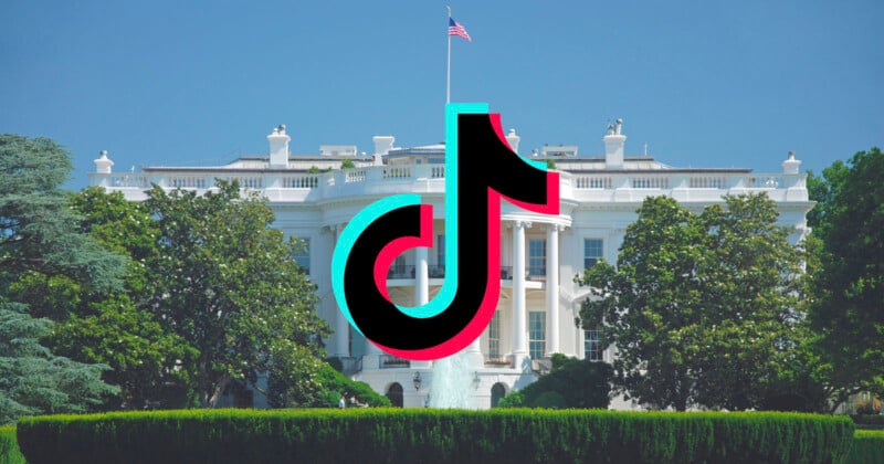 TikTok logo superimposed over an image of the White House, surrounded by trees and greenery, with a clear blue sky in the background.