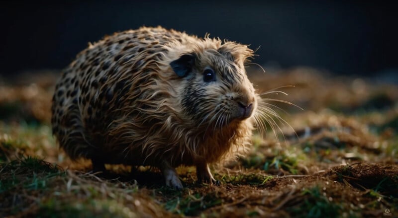 A fluffy guinea pig with long, spiky fur and a mix of brown and black colors stands on grassy ground. The background is softly blurred, highlighting the animal's alert expression and whiskers.