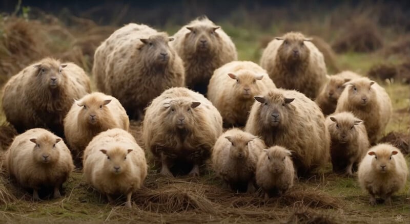 A group of fluffy sheep stands closely together on a grassy field, surrounded by dried hay. The sheep vary in size, indicating different ages, and their thick wool appears untrimmed, giving them a round, puffy appearance.