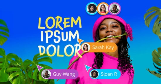 A woman in a pink hat smiles, holding a green leaf in her mouth against a vibrant blue background with "Lorem Ipsum Dolor" text. Three profiles—Sarah Kay, Sloan R, and Guy Wang—are highlighted in colorful circles and bubbles. Green leaves adorn the sides.