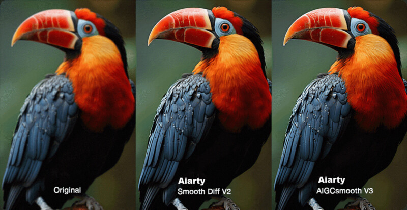 Three side-by-side images of a colorful bird with a large beak. The left image is labeled "Original," the middle "Aiarty Smooth Diff V2," and the right "Aiarty AICGsmooth V3," showing variations in clarity and texture.