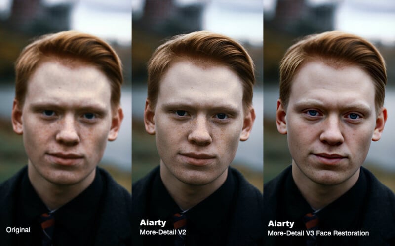  "Original," "Aiarty More-Detail V2," and "Aiarty More-Detail V3 Face Restoration." The man's appearance becomes progressively sharper and more defined.