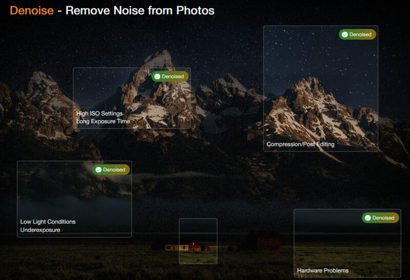  high ISO, low light, compression, and hardware. Each issue is marked "denoised" to indicate noise reduction.