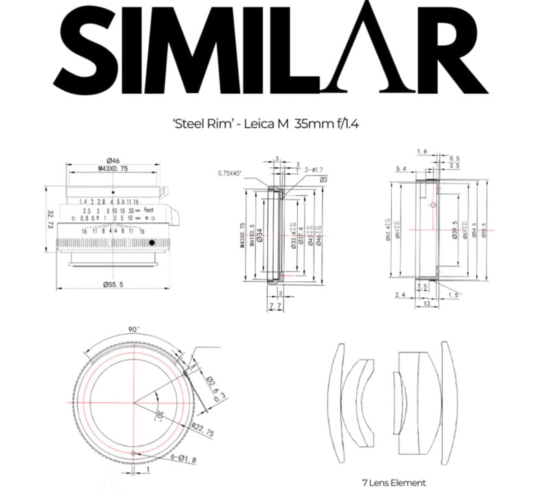 Technical schematic of a Leica M 35mm f/1.4 lens labeled "Steel Rim" with precise measurements and diagrams illustrating lens design, components, and elements arrangement. Includes bold "SIMILAR" text above the diagram.