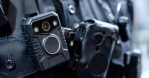 Close-up of a police officer's uniform showing a body camera attached to their vest. The camera is rectangular with a round lens and other visible tech equipment nearby. The background is blurred, emphasizing the equipment.