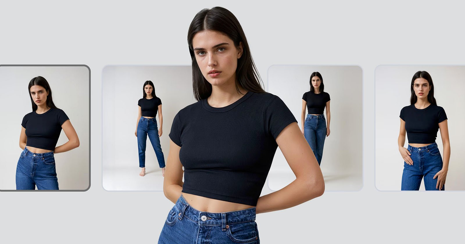 A woman with long dark hair wears a fitted black crop top and high-waisted blue jeans. She poses confidently in four different stances against a plain gray background.