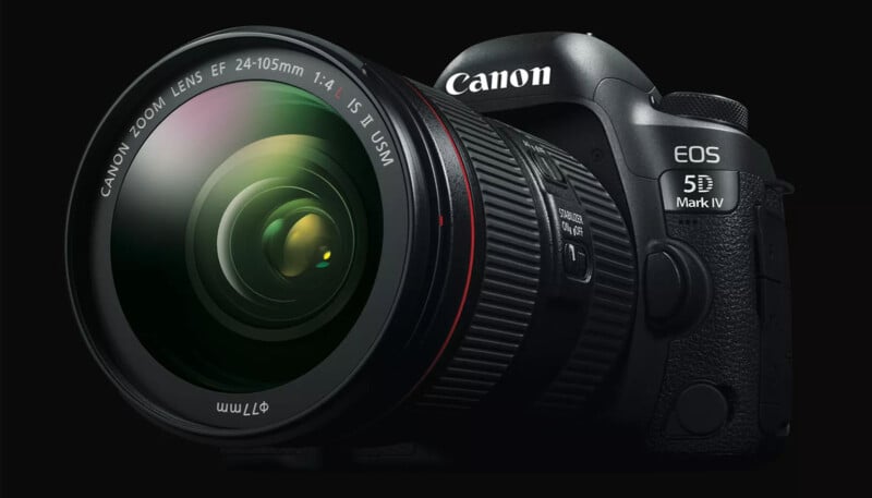 A Canon EOS 5D Mark IV DSLR camera with a 24-105mm zoom lens is shown against a black background. The camera body is partially visible, displaying branding and controls.