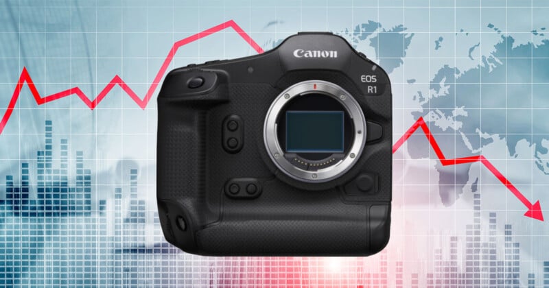 A Canon EOS R1 camera is displayed against a background featuring a graph with fluctuating red and blue lines and a faint world map.