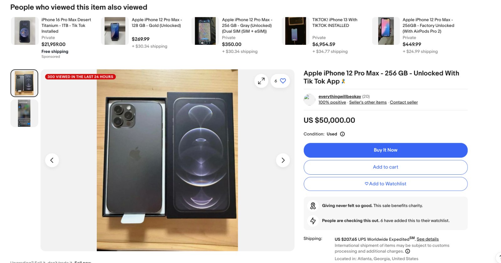 EBay listing for an Apple iPhone 12 Pro Max with 256 GB in new condition, priced at $50,000. The phone and box are shown, with a note about being unlocked with a TikTok app. Additional shopping suggestions appear at the top.