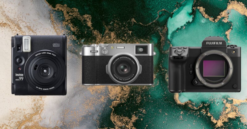  an instant camera on the left, a classic rangefinder-style camera in the center, and a mirrorless camera with no lens on the right.