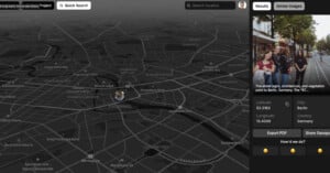 A dark-themed map interface showing a detailed street map of Berlin, Germany, with a highlighted location pin near the center. On the right, a profile information panel is visible, featuring a photo and details of a street scene in Berlin.