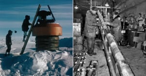 Left: Two individuals and a dog ascend a ladder to an elevated structure on a snowy landscape. Right: Two people in winter clothing handle long, cylindrical ice core samples inside a dimly lit facility.