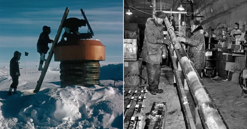 Left: Two individuals and a dog ascend a ladder to an elevated structure on a snowy landscape. Right: Two people in winter clothing handle long, cylindrical ice core samples inside a dimly lit facility.