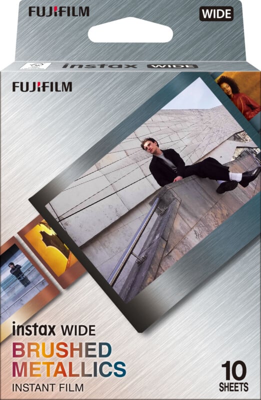 Packaging for Fujifilm Instax Wide Brushed Metallics instant film. It features photos of people posing against urban backgrounds and contains 10 sheets of film. The design emphasizes a sleek, metallic aesthetic.