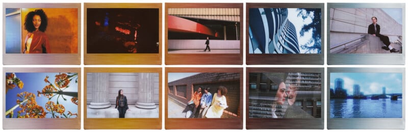 A collage of ten photographs featuring various subjects: people in urban settings, architectural elements, flowers, nighttime scenes, and a river. Each framed in a Polaroid-style border with different colors.