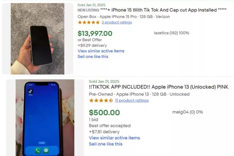 Screenshot showing two eBay listings. The first is for an iPhone 15 priced at $13,997 with a TikTok app installed. The second is an iPhone 13 priced at $500, with TikTok installed. Both listings have brief descriptions and seller ratings.