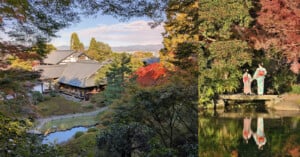 A serene Japanese garden with a traditional building, vibrant autumn foliage, and a reflective pond. Two people in kimonos stand on a stone bridge, enhancing the scene's tranquility and cultural richness.