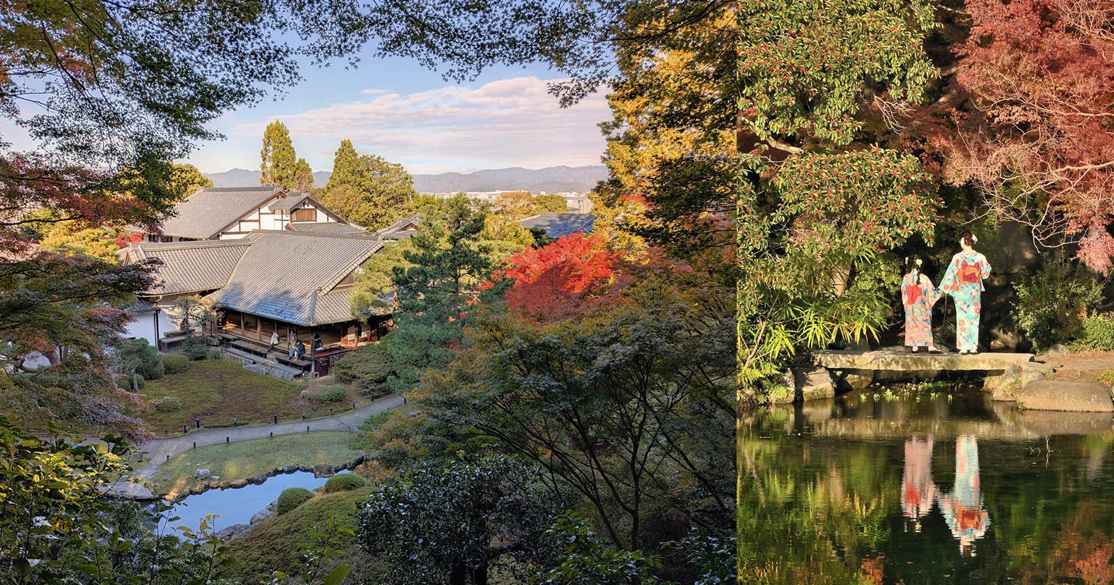 A serene Japanese garden with a traditional building, vibrant autumn foliage, and a reflective pond. Two people in kimonos stand on a stone bridge, enhancing the scene's tranquility and cultural richness.