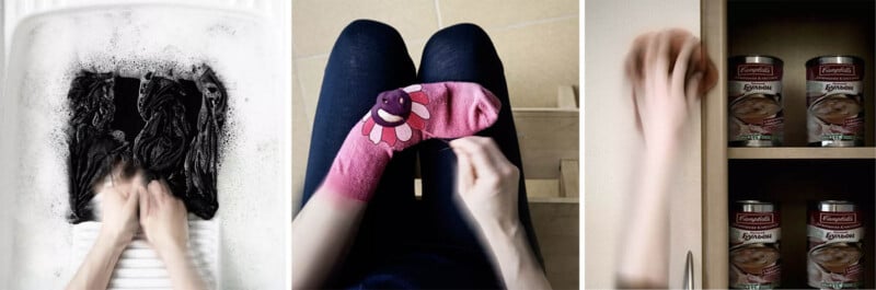  hands scrubbing black clothes in soapy water, a person sewing a pink sock with a flower design on their lap, and a hand reaching for Campbell's soup cans in a cupboard.