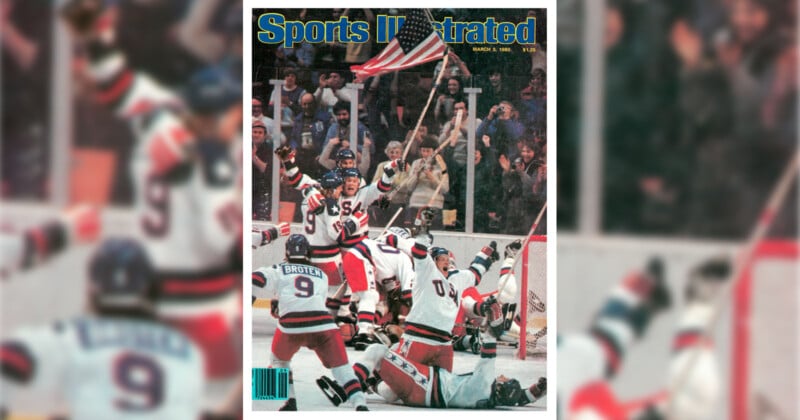 A victorious hockey team rejoices on the ice with players lifting their arms and an American flag. The text "Sports Illustrated" along with the date March 3, 1980, are showcased at the top. Excited fans are visible in the backdrop.