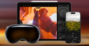 A digital art software interface displayed on a tablet and a smartphone. The tablet shows a canyon image with enhancement tools, while the phone displays a landscape photo being edited. A VR headset is in the foreground.