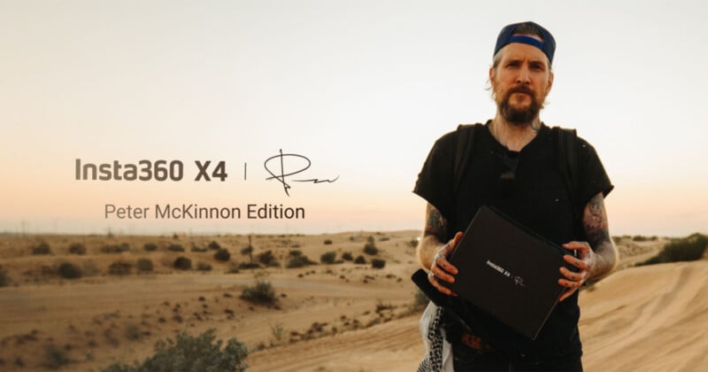 A person standing in a desert landscape holds a box for the Insta360 X4 Peter McKinnon Edition camera. The image features a sunset sky and sand dunes in the background.