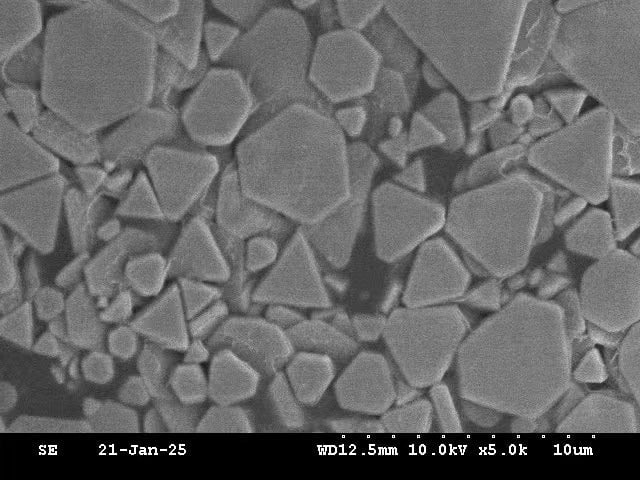 A scanning electron microscope image shows various shapes of hexagonal and triangular particles densely packed together. The grayscale image reveals geometric patterns at a microscopic scale.