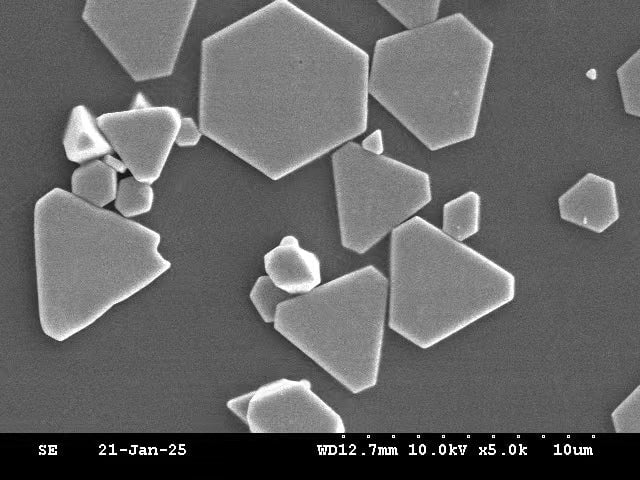 A grayscale microscopic image shows various geometric shapes, including hexagons and triangles, scattered across the surface. The image has measurement details and a date of 21-Jan-25 in the lower portion.