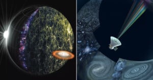 An artistic depiction of the universe's evolution. Left: a sphere with a web-like structure and galaxies. Right: a spacecraft observing cosmic structures, with a rainbow-like spectrum emanating from it.