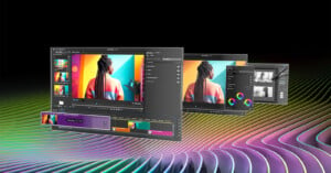 A digital art scene showing multiple overlapping screens of a video editing software with vibrant, colorful visuals and interface elements. The background features a dynamic, multicolored wave pattern.