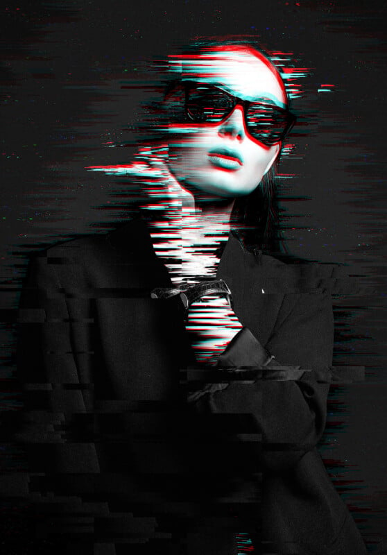 A woman in stylish black attire and sunglasses poses against a dark background. The image features a glitch effect, with red and blue distortions running horizontally, creating a modern, digital aesthetic.