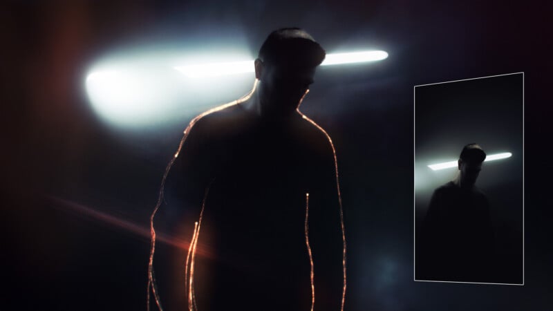 Silhouetted figure with a halo of light outlining the body, standing against a dark background. A bright light shines from behind, creating an ethereal glow. To the right, there's a smaller inverted version of the image.