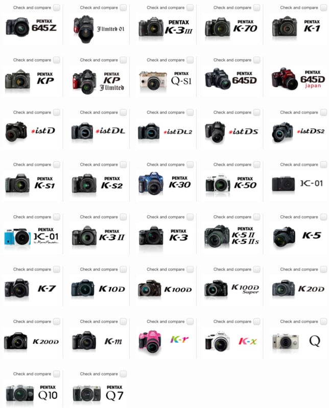 Grid of Pentax camera models with small checkboxes for comparison. Models include 645Z, KP, K-3 III, K-70, K-1, Q-S1, ist DL2, K-30, K-50, K-01, K-r, K-x, K200D, Q10, and Q7, among others.