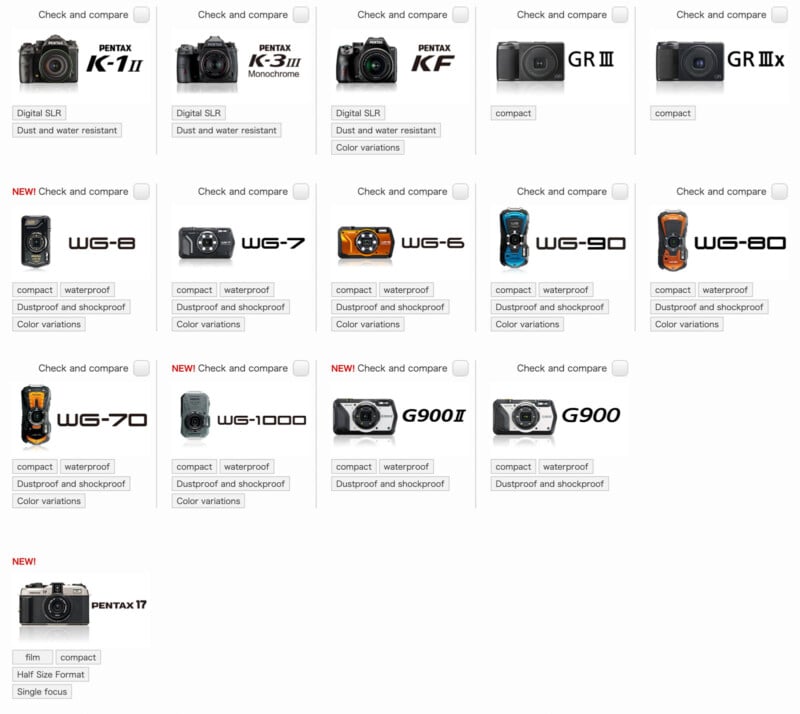 Image showing a range of Pentax cameras. Includes digital SLRs like K-1 II and K-3 II, compact cameras like GR III, GR IIIx, and waterproof models like WG-6 and WG-70. Also features a film camera, Pentax 17.