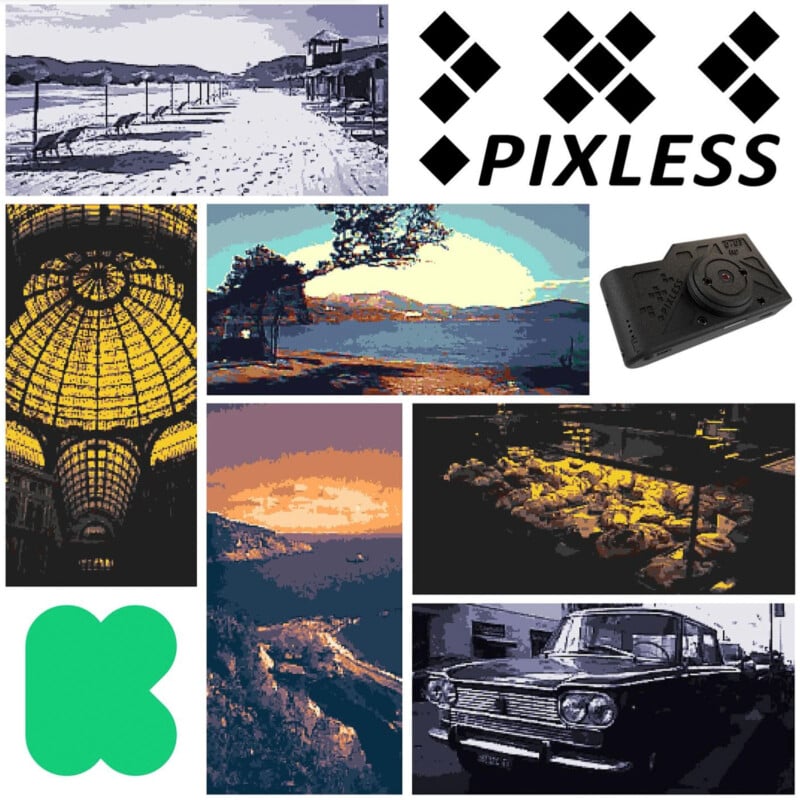 A collage of pixel art images: a beach, a dome, landscapes, vintage car, camera, and chicken display. Includes PIXLESS logo and green symbol.