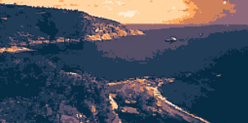 A pixelated landscape of a coastal area with cliffs and water. The sky is a warm orange, suggesting a sunrise or sunset. A small figure, possibly a bird or boat, is seen in the water.