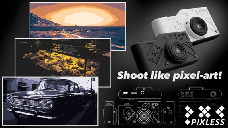 A collage featuring two pixel-art styled cameras, one white, one black. Includes pixelated images of a vintage car, a landscape, and a cityscape at sunset. Text reads "Shoot like pixel-art!" with the Pixless logo and camera design illustrations.