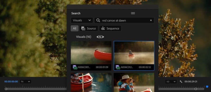 A software interface displaying a search result for "red canoe at dawn." Two image previews show a red canoe on water with mist, one with a person paddling. The interface includes a search bar and various menu options.