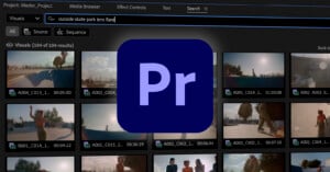 A digital interface displays video thumbnails in a media browsing software. The thumbnails show skate park scenes. An overlay of a large, stylized "Pr" logo, representing Adobe Premiere Pro, is centered on the screen.