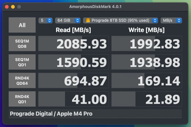 Benchmark results from AmorphousDiskMark 4.0.1 for an 8TB SSD. Shows sequential and random read/write speeds in MB/s: SEQ1M QD8: 2085.93/1992.83, SEQ1M QD1: 1590.59/1938.98, RND4K QD64: 694.87/169.14, RND4K QD1: 41.00/21.89.