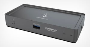 A sleek, rectangular ProGrade PG02 Pro Hub is shown from a top angle, featuring a USB 3.2 port and power button on the front. The hub is gray with a minimalist design, displaying the ProGrade logo on the top surface.