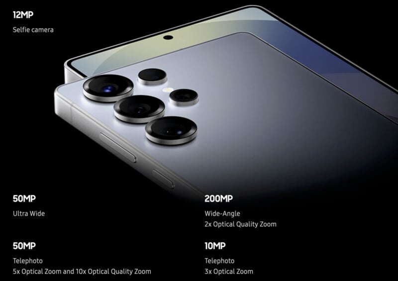 A smartphone is displayed with its camera features highlighted. It includes a 12MP selfie camera, 50MP ultra-wide, 200MP wide-angle with 2x optical zoom, a 50MP telephoto with 5x optical zoom, and a 10MP telephoto with 3x optical zoom.